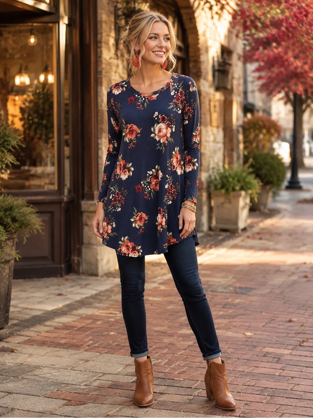 J for Justify Navy Floral Long Sleeve A-Line Tunic Top Medium